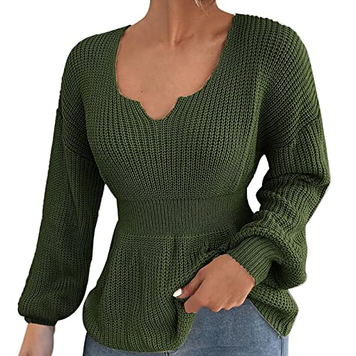 MKIUHNJ Damen Winter V-Ausschnitt Pullover Pullover Einfarbig Rüschen Taille Strickpullover Kragen Clip Damen Herbst Winter Warmer Weicher Leichter Strickpullover Strickpullover Damen Mit (Green, L) von MKIUHNJ