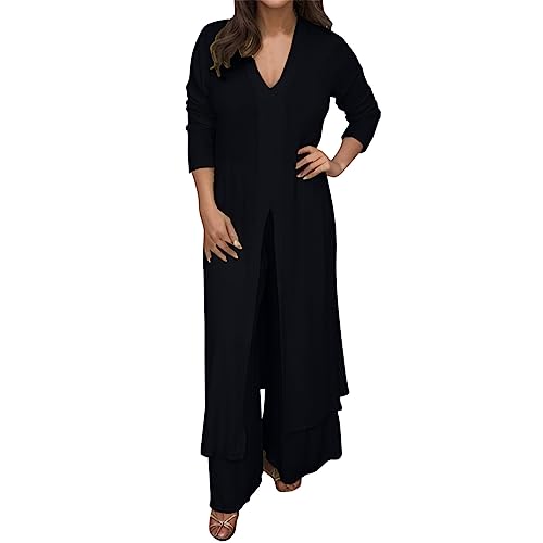 MKIUHNJ Damen Zweiteiler Sommer Outfits Leichte Hosenanzug Damen Casual Plus Size V-Ausschnitt Langarm Chiffon Hemd Strandanzug Schlitz Long Top + Hose 2 Teiler Set Freizeitanzug Damen Elegant von MKIUHNJ