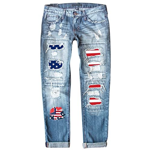 MKIUHNJ Damenhosen Lang Jeans Damen Jeans Independence Day Print zerrissene Hose Jeanshosen Damen Stretch Mit Applikationen von MKIUHNJ