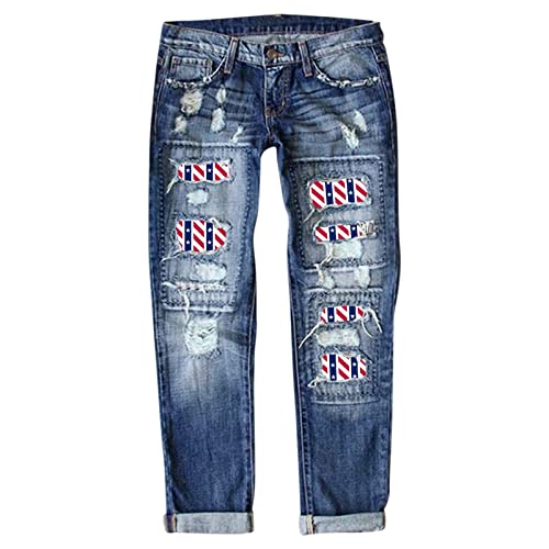 MKIUHNJ Damenhosen Lang Jeans Damen Jeans Independence Day Print zerrissene Hose Jeanshosen Damen Stretch Mit Applikationen von MKIUHNJ