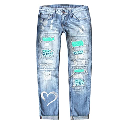 MKIUHNJ Damenhosen Lang Jeans Damen Jeans Independence Day Print zerrissene Hose Jeanshosen Damen Stretch Mit Applikationen von MKIUHNJ