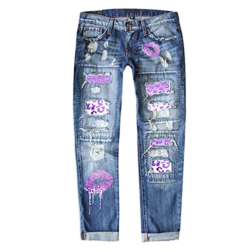 MKIUHNJ Damenhosen Lang Jeans Damen Jeans Independence Day Print zerrissene Hose Jeanshosen Damen Stretch Mit Applikationen von MKIUHNJ