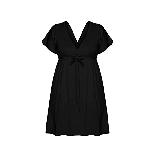 MKIUHNJ Einfarbiges Kleid für Damen, lässig, kurzärmelig, V-Ausschnitt, hohe Taille, Strand-Minikleider mit Gürtelkleid Kleid 34 Festlich von MKIUHNJ