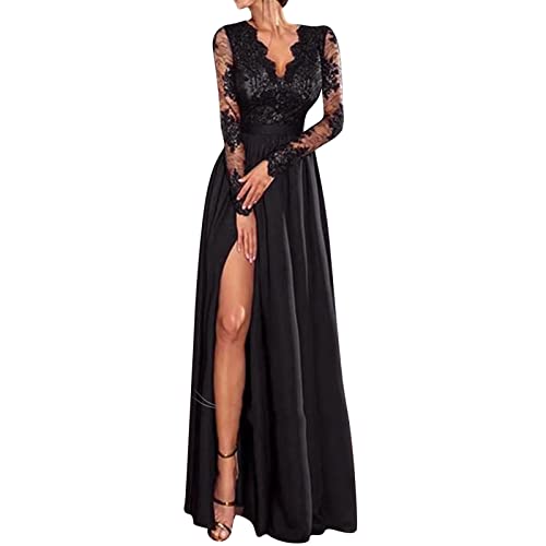 MKIUHNJ Frauen Blumenspitze Maxikleid Langarm V-Ausschnitt Brautjungfer Hochzeit Abendgesellschaft Kleider Damen Kleid Sexy (Z1226A-Black, S) von MKIUHNJ