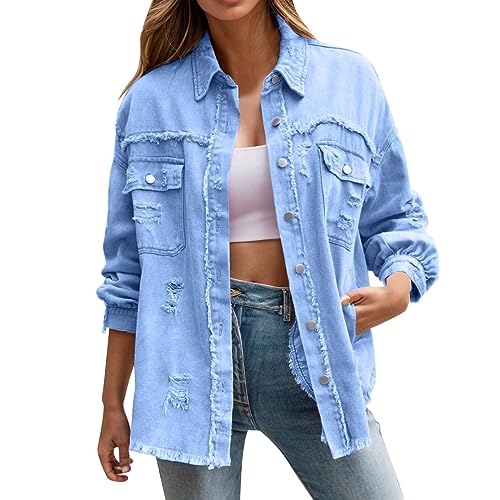 MKIUHNJ Modische, zerrissene, übergroße Jeansjacke für Damen, lässiger, langer Boyfriend-Jeansjackenmantel im Used-Look Kurzärmlige Jeansjacke Damen Trainingsjacke Damen Retro Übergangsjacke von MKIUHNJ