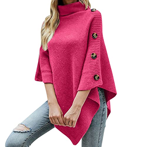 MKIUHNJ Oversize Pullover Damen Einfarbiger Pullover mit hohem Halsausschnitt für Damen, Schal, Mantel Strickjacke Silber Damen Basic Strickpullover Von Bio-Baumwolle (Hot Pink, One Size) von MKIUHNJ