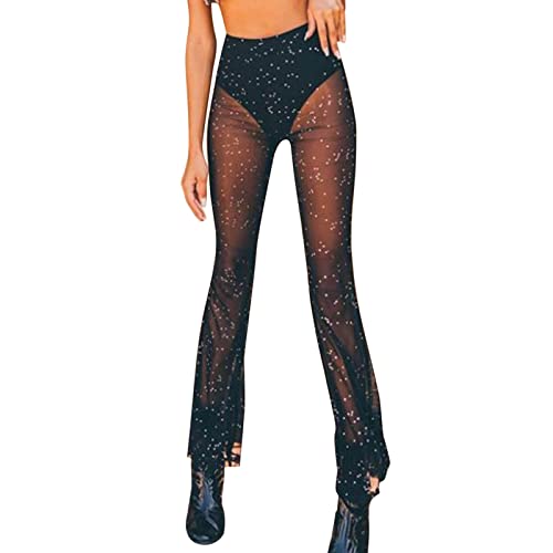 MKIUHNJ Paperbag Hosen Damen Frauen Sexy Hohe Taille Durchsichtig Mesh Ausgestellte Hosen Lange Hosen Reiterhosen Damen von MKIUHNJ