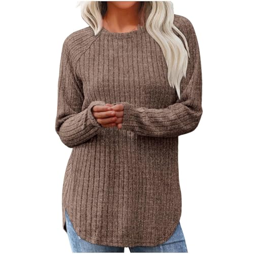 MKIUHNJ Pullover Damen Elegant Langarmshirt Leichtes Damen Longpullover mit Schlitz Einfarbig Sweatshirt Damen Langarm Top Locker Autumn Pulli Lang Italienische Mode Tops Strickpullover Oberteile von MKIUHNJ