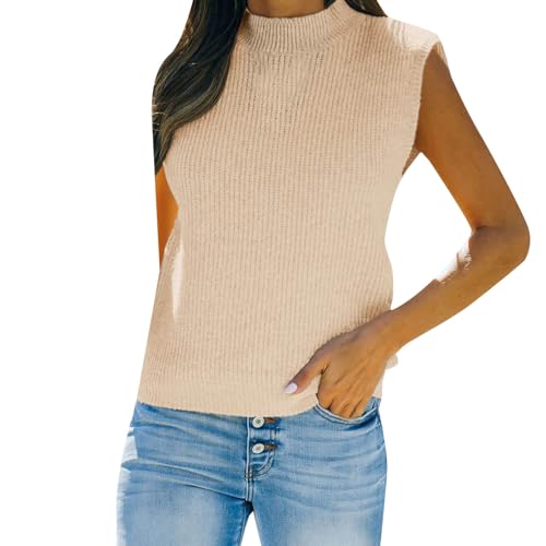 MKIUHNJ Pullunder Damen Ärmellos Beige Damen Pullover Rollkragen Damen-Strickpullover mit Stehkragen, ärmellos, lässig, trendig, gerippt, Tanktops Langarmshirt Damen Weit Pullover Für Damen Vintage von MKIUHNJ