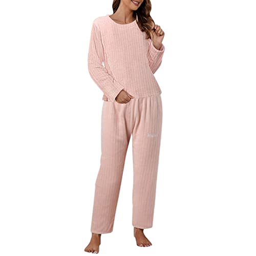 MKIUHNJ Schlafanzug Damen Lang Baumwolle Schlafanzug Damen Damen Casual Pyjama Sets Coral Fleece Langarmshirts und Lange Hosen Briefdruck Nachtwäsche Zweiteiler Satin Schlafanzug Damen von MKIUHNJ