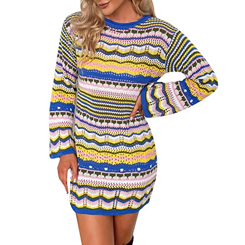 MKIUHNJ Strickkleider Damen,Damen Pullover Kleid Regenbogen Gestreift Langarm Lose Gehäkelt Gestreift Mini Casual Pullover Kleid Kleid Winter Damen,Kleid Damen Langarm (0828A-Blue, M) von MKIUHNJ