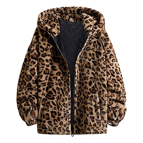 MKIUHNJ Teddy Jacken Für Damen Damen Langarm Leopard Fuzzy Fleece Reißverschluss Kapuzenjacke Mäntel Oberbekleidung mit Tasche Mantel Kostüm Damen Jacke Damen Winter (D, XXL) von MKIUHNJ