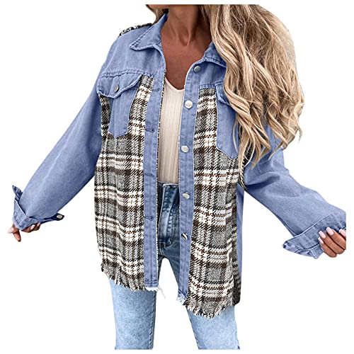 MKIUHNJ Übergangsjacke Damen Herbst Jeans Damen-Herbst- und Wintermode, lockerer, karierter, modischer Jeansmantel Cord Mantel Übergangsjacke Patchwork Jeansjacke mit Leopardenmuster (Blue, L) von MKIUHNJ