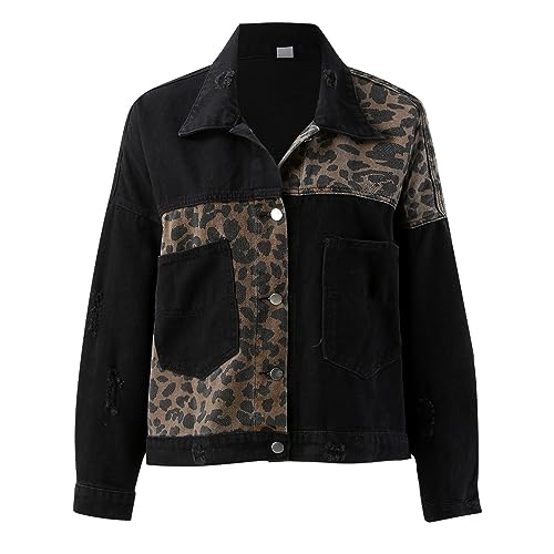 MKIUHNJ Vintage Leopard Denim Jacke Damen-Patchwork-Jeansjacke mit Leopardenmuster und langen Ärmeln Graue Jeansjacke Damen Mit Fell Patchwork-Leopardenmuster Boyfriend-Jacke, (Black, M) von MKIUHNJ