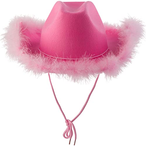 MKIUHNJ Wintermütze Rosa Hut mit Feder, Flauschiger Federrand, Erwachsenengröße, Cowboyhut mit Federn für -Kostümparty, Spiel-Anzieh-Outfits für Frauen Halloween Hut Damen von MKIUHNJ