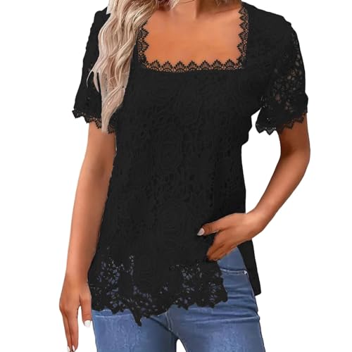 Sommer Weste Lose Plissee Square Neck Kurzarm Top Abgerundeter Saum Lose Große Größe Damen Top T Shirt Damen Schwarz Oberteil Mit Eckigem Ausschnitt Damen von MKIUHNJ