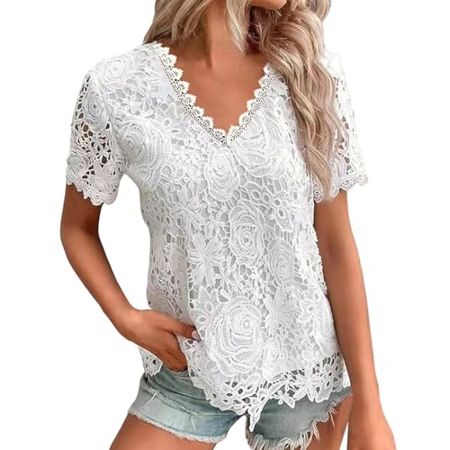 T-Shirt Damen V Ausschnitt Sommer Weste Lose Plissee Square Neck Kurzarm Top Abgerundeter Saum Lose Große Größe Damen Top Oberteil Damen Elegant Spitzen Oberteil Damen von MKIUHNJ