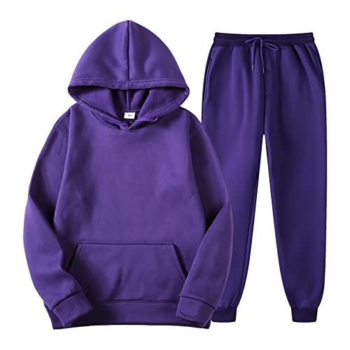 Trainingsanzug Damen Pullover Sweatshirt und Jogginghose Warm Vlies Kleidungsset Frauen mit Hosen Hoodie Plus Freizeit Winter Fleece mit Kapuze Frauen Anzüge Karierte Leggings Damen (Purple, L) von MKIUHNJ