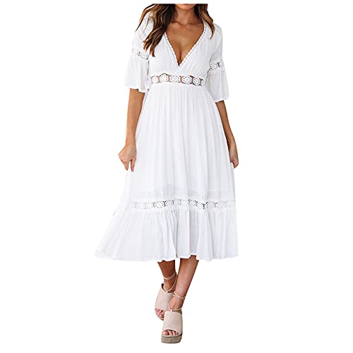 Weißes Kleid Hochzeit tief V-kleid Spitze Kleid Bankett Frauen Brautnähung Mode Frauenkleid Sommerkleidung Rüschenkleid Lang Retro Tunikakleid Damen Boho Lang Lässiges Midikleid Mit V-Ausschnitt von MKIUHNJ