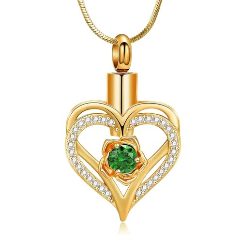 MKJFRLLSA Einäscherung Schmuck Herz Urne Halskette für Asche für Frauen Mädchen Edelstahl Blume Memorial Geburtsstein Anhänger Andenken Geschenk von MKJFRLLSA
