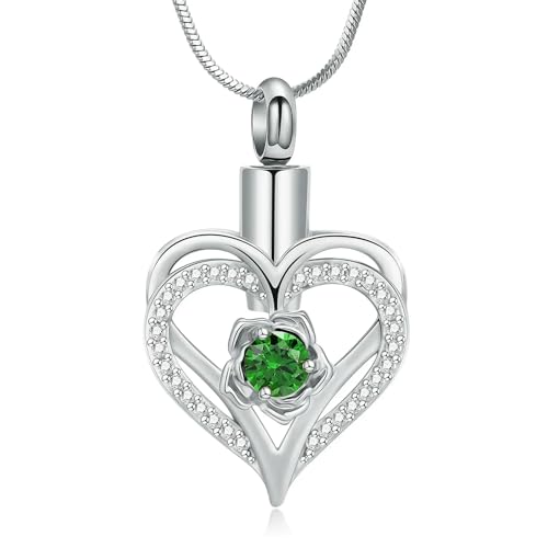 MKJFRLLSA Einäscherung Schmuck Herz Urne Halskette für Asche für Frauen Mädchen Edelstahl Blume Memorial Geburtsstein Anhänger Andenken Geschenk von MKJFRLLSA