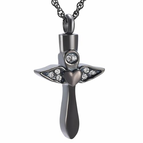 MKJFRLLSA Engelsflügel Herz Kreuz Einäscherung Urne Anhänger Halskette Memorial Asche Kristall Kreuz Andenken Einäscherung Schmuck für Frauen/Männer von MKJFRLLSA