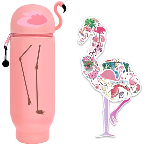 MKKZLPN Federmäppchen 2 in 1 aus welchem Silicon,Kawaii Cartoon Stand Up Federmäppchen für Schreibwaren Unisex Kapazität Mäppchen Kosmetiktasche Bleistifttasche Niedliche (EIN Flamingo) von MKKZLPN