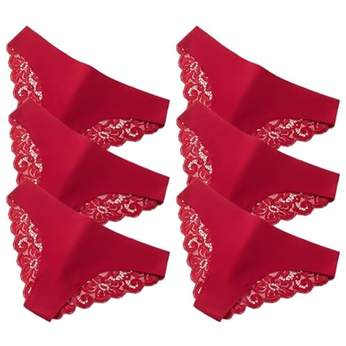 MKLQLS 6Er-Pack Damen-Unterhosen aus Spitze Weicher Nahtloser Slip Bequeme Sport-Höschen Niedrige Taille Große Stretch-Unterhosen Rot S von MKLQLS