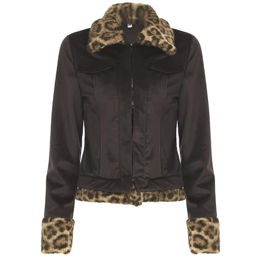 MKLQLS Damen Vintage Kurze Bomberjacke - Mädchen Y2K Langarm Fliegerjacke Oberbekleidung - Herbst Winter Reverskragen Reißverschluss jacke Braun L von MKLQLS