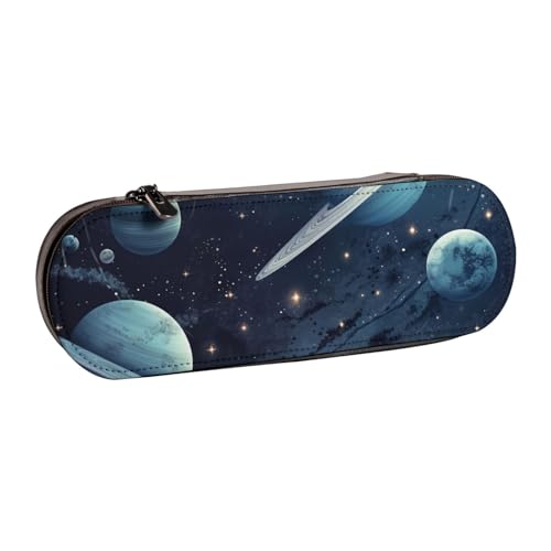 Bedrucktes Hartschalen-Federmäppchen aus Leder mit Mond und Sternen und Planeten, für Mädchen und Jungen, niedliches Federmäppchen, Make-up-Tasche für Reisen, Schule, Büro, Uni, Schwarz , von MKNAZ