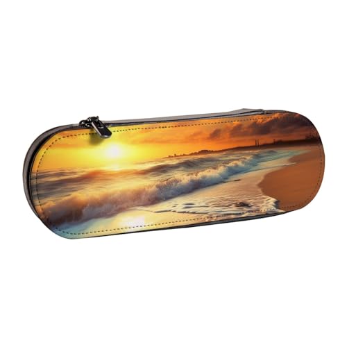 Bedrucktes Hartschalen-Federmäppchen aus Leder mit Sonnenuntergang für Mädchen und Jungen, niedliches Federmäppchen für Stifte, Make-up-Tasche für Reisen, Schule, Büro, Uni, Schwarz , Einheitsgröße, von MKNAZ