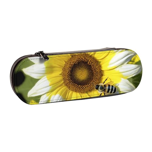 Bee & Sunflowers bedrucktes Hartschalen-Federmäppchen aus Leder für Mädchen und Jungen, niedliches Federmäppchen, Make-up-Tasche für Reisen, Schule, Büro, Uni, Schwarz , Einheitsgröße, Schulranzen von MKNAZ