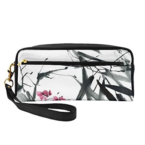 Bunte Schmetterling Reise Make-up Tasche Bleistift Fall Leder Tragbare Kosmetik Organizer Tasche Kulturbeutel für Frauen Mädchen, Bambusstiele, Kirschrot, Einheitsgröße von MKNAZ