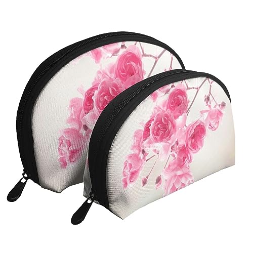 Bunte Streifen Reise Make-up Tasche 2 Pack Tragbare Kosmetik Organizer Tasche Kulturbeutel für Frauen Mädchen, Rosa Blumen, Einheitsgröße von MKNAZ