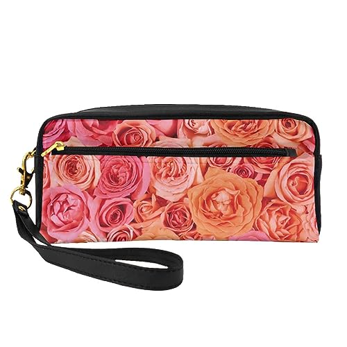 Bunte Streifen Reise Make-up Tasche Bleistift Fall Leder Tragbare Kosmetik Organizer Tasche Kulturbeutel für Frauen Mädchen, Orange Rose, Einheitsgröße von MKNAZ