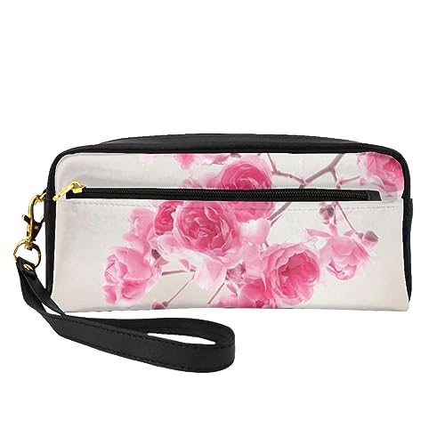 Bunte Streifen Reise Make-up Tasche Bleistift Fall Leder Tragbare Kosmetik Organizer Tasche Kulturbeutel für Frauen Mädchen, Rosa Blumen, Einheitsgröße von MKNAZ