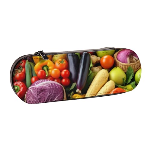Buntes Federmäppchen aus Leder mit Obst und Gemüse, für Mädchen und Jungen, niedliches Federmäppchen für Reisen, Schule, Büro, Uni, Schwarz , Einheitsgröße, Schulranzen von MKNAZ