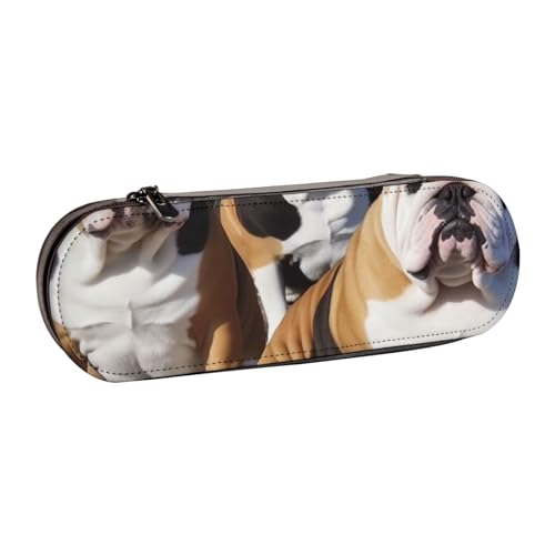 Federmäppchen aus Leder, Motiv: Englische Bulldoggen, bedruckt, für Mädchen und Jungen, niedliches Federmäppchen, Make-up-Tasche für Reisen, Schule, Büro, Universität, Schwarz , Einheitsgröße, von MKNAZ