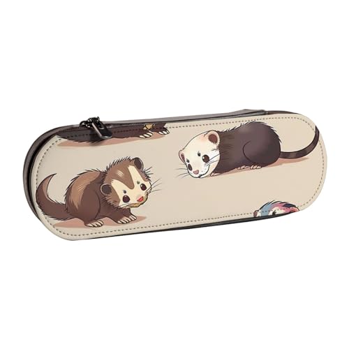 Federmäppchen aus Leder, Motiv: Haariges Frettchen, bedruckt, für Mädchen und Jungen, niedliches Federmäppchen, Make-up-Tasche für Reisen, Schule, Büro, Uni, Schwarz , Einheitsgröße, Schulranzen von MKNAZ