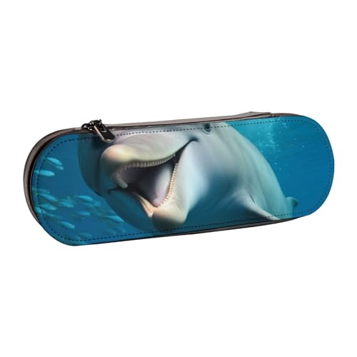 Federmäppchen aus Leder, Motiv: Happy Dolphin, für Mädchen und Jungen, niedliches Federmäppchen für Stifte, Make-up-Tasche für Reisen, Schule, Büro, Uni, Schwarz , Einheitsgröße, Schulranzen von MKNAZ
