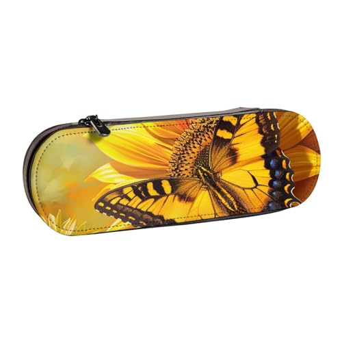 Federmäppchen aus Leder, Motiv: Sonnenblume und Schmetterling, bedruckt, Hartschalenetui für Mädchen und Jungen, niedliches Federmäppchen für Reisen, Schule, Büro, Uni, Schwarz , Einheitsgröße, von MKNAZ