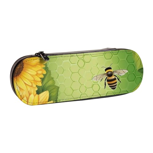 Federmäppchen aus Leder, Motiv: Sonnenblumen und Biene, bedruckt, für Mädchen und Jungen, niedliches Federmäppchen für Stifte, Make-up-Tasche für Reisen, Schule, Büro, Uni, Schwarz , Einheitsgröße, von MKNAZ