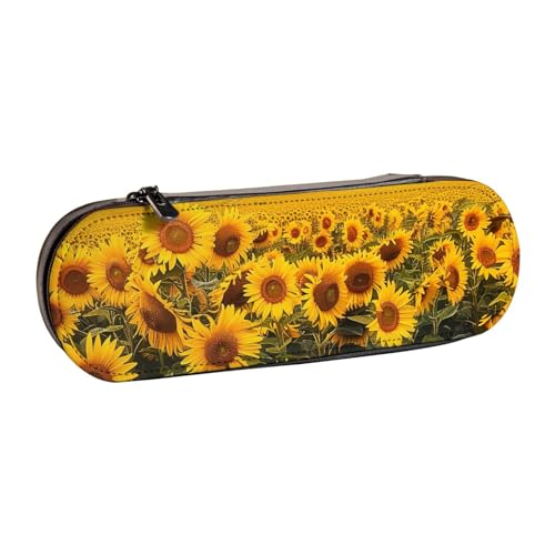 Federmäppchen aus Leder, Motiv: Sonnenblumenfeld, bedruckt, für Mädchen und Jungen, niedliches Federmäppchen, Make-up-Tasche für Reisen, Schule, Büro, Uni, Schwarz , Einheitsgröße, Schulranzen von MKNAZ