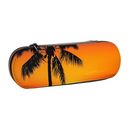 Federmäppchen aus Leder, Motiv: Sonnenuntergang Palme, bedruckt, für Mädchen und Jungen, niedliches Federmäppchen, Make-up-Tasche für Reisen, Schule, Büro, Uni, Schwarz , Einheitsgröße, Schulranzen von MKNAZ