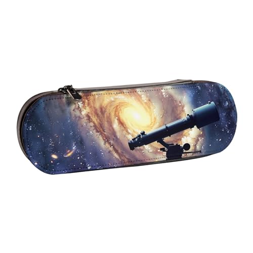Federmäppchen aus Leder, Motiv: Weltraumgalaxie mit Teleskop-Motiv, für Mädchen und Jungen, niedliches Federmäppchen für Reisen, Schule, Büro, Uni, Schwarz , Einheitsgröße, Schulranzen von MKNAZ