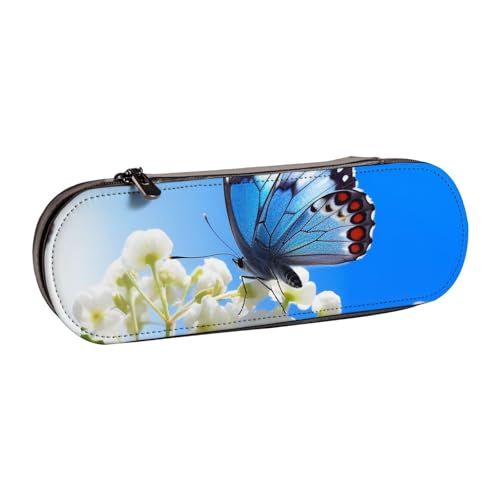 Federmäppchen aus Leder, Motiv: blauer Schmetterling, bedruckt, für Mädchen und Jungen, niedliches Federmäppchen, Make-up-Tasche für Reisen, Schule, Büro, Universität, Schwarz , Einheitsgröße, von MKNAZ