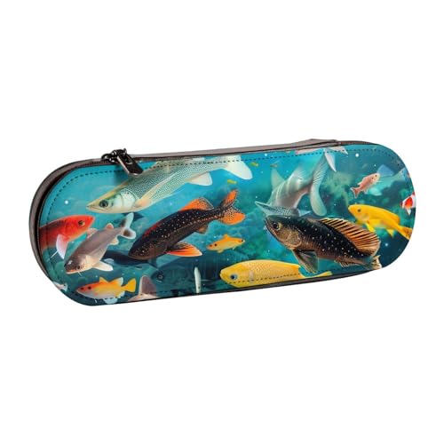 Federmäppchen aus Leder, Motiv: bunte Fische, für Mädchen und Jungen, niedliches Federmäppchen für Reisen, Schule, Büro, Universität, Schwarz , Einheitsgröße, Schulranzen von MKNAZ
