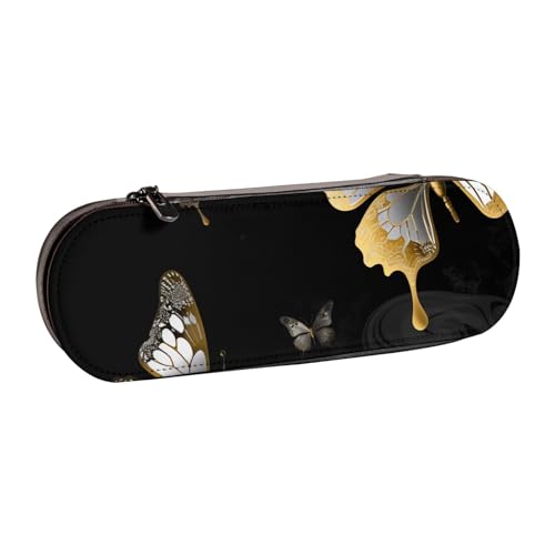 Federmäppchen aus Leder, Motiv: goldfarbene weiße Schmetterlinge, schwarz, bedruckt, für Mädchen und Jungen, niedliches Federmäppchen für Stifte, Make-up-Tasche für Reisen, Schule, Büro, Universität, von MKNAZ