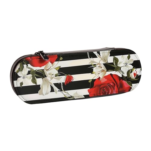 Federmäppchen aus Leder, mit schwarzen weißen Streifen, rote Rose, bedruckt, Hartschale, für Mädchen und Jungen, niedliches Federmäppchen für Reisen, Schule, Büro, Universität, Schwarz , von MKNAZ