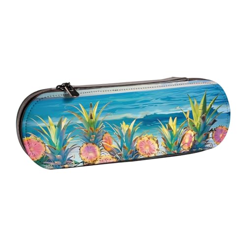 Federmäppchen aus Leder mit Ananas-Motiv, bedruckt, für Mädchen und Jungen, niedliches Federmäppchen für Reisen, Schule, Büro, Uni, Schwarz , Einheitsgröße, Schulranzen von MKNAZ